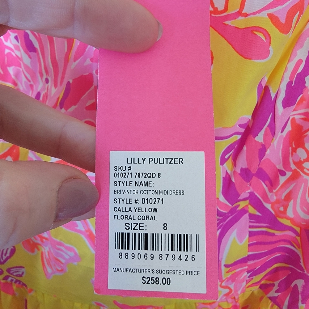 NWT Lilly Pulitzer Bre V Neck Cotton Midi Dress Calla Yellow Floral Coral Size 8 - Picture 6 of 9